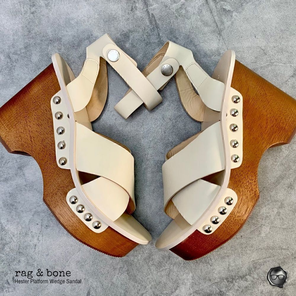 RAG & BONE HESTER LEATHER ANKLE-STRAP WEDGE PLATFORM SANDALS IN IVORY SIZE 9